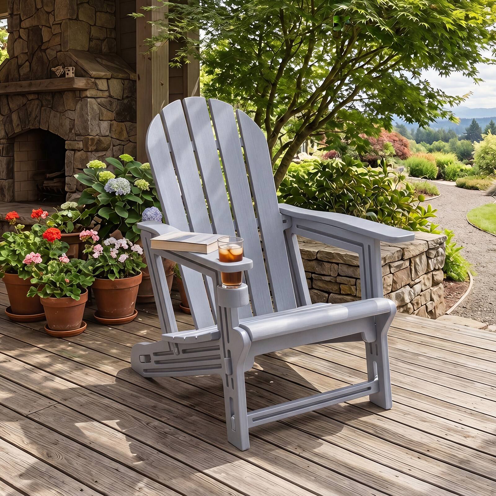 Alt View 1. Gymax - Gymax Adirondack Chair HDPE All-Weather Fire Pit Chair w/Cup Holder & Wooden Texture - Gray.