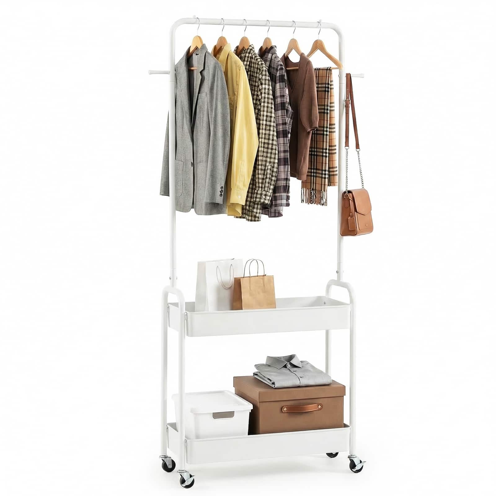 Gymax - Rolling Clothes Rack w/Hanging Rod Side Hooks Storage Baskets Lockable Wheels - White