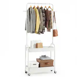 Gymax - Rolling Clothes Rack w/Hanging Rod Side Hooks Storage Baskets Lockable Wheels - White