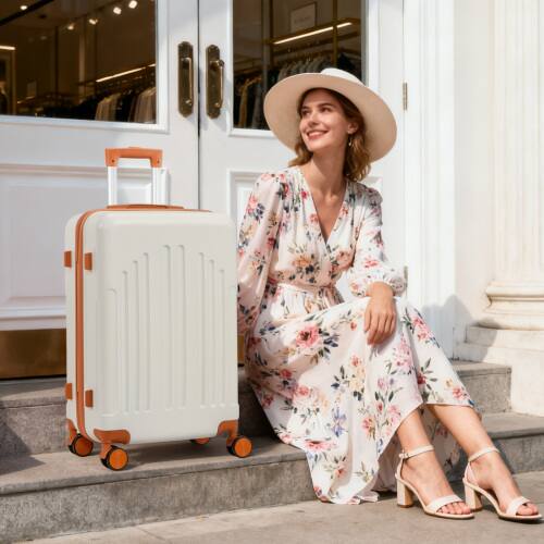 Alt View 4. Winado - 24" Checked Luggage Trolley Case ABS Hardside Medium Suitcase with Double Spinner Wheels & TSA Lock for Travel Business - White & Brown.