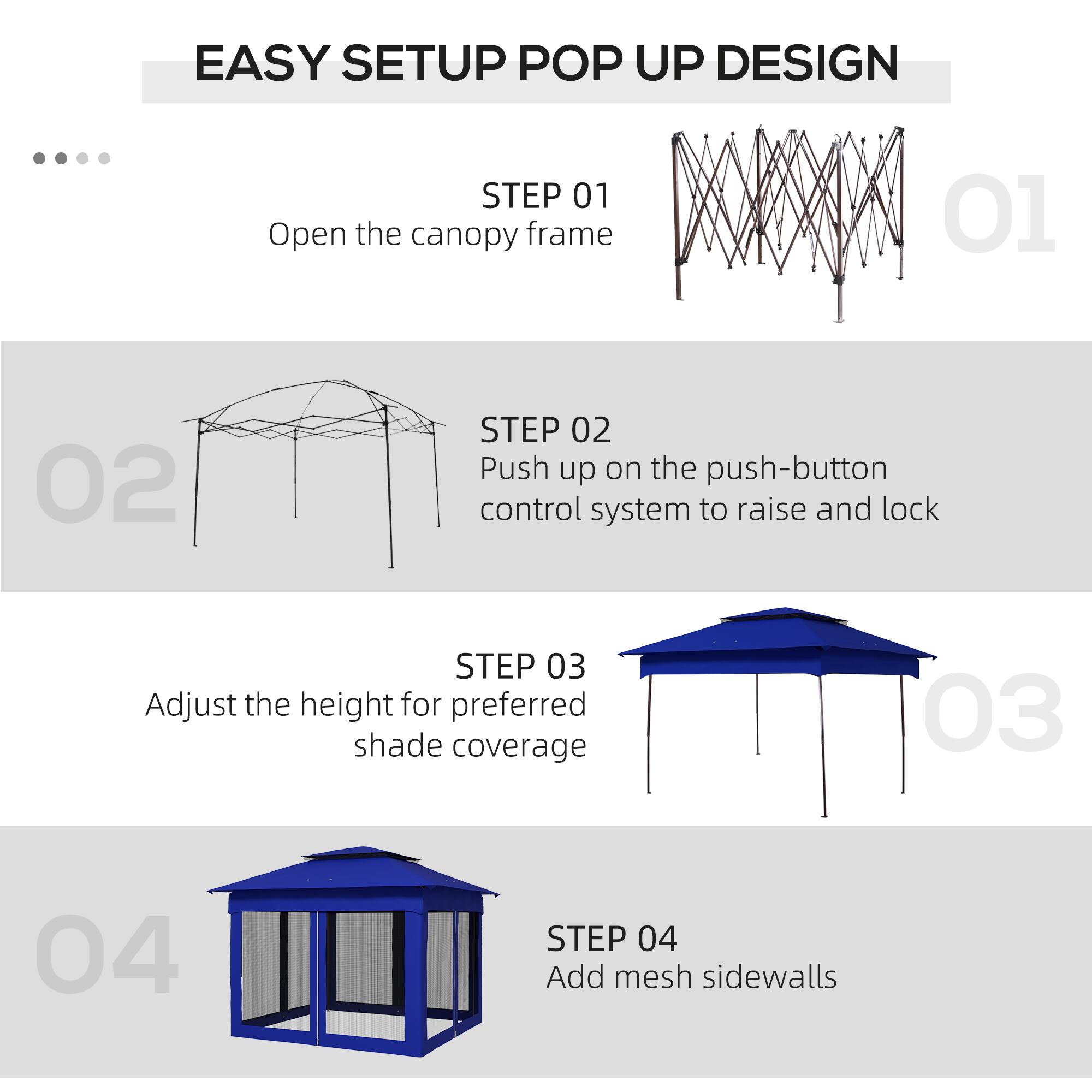 EASY SETUP POP UP DESIGN

STEP 01 Open the canopy frame

STEP 02 Push up on the push-button control system to raise and lock

STEP 03 Adjust the height for preferred shade coverage

STEP 04 Add mesh sidewalls