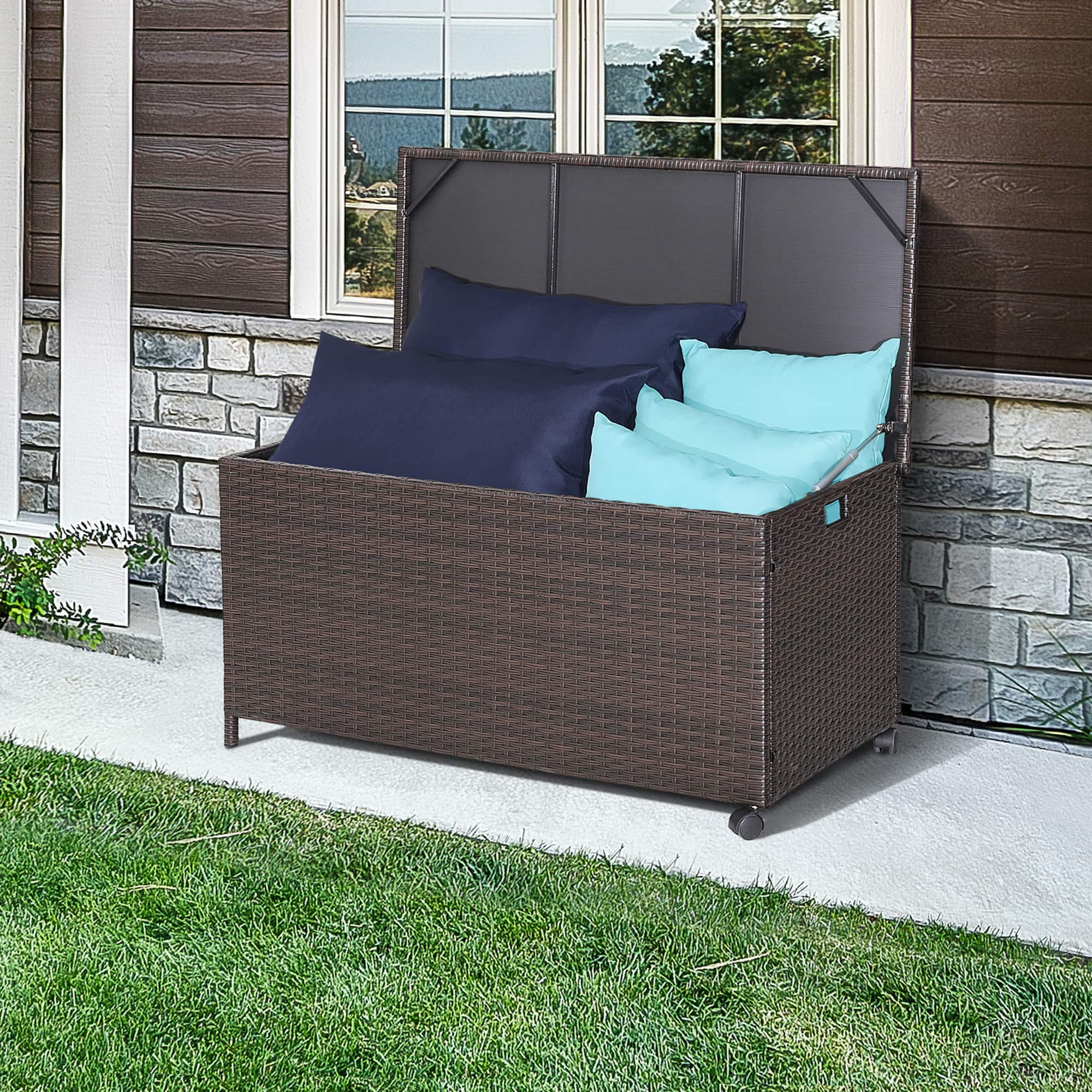 Gymax - 50 Gallon Patio PE Wicker Storage Box Rattan Deck Bin w/ Waterproof Liner & Wheels - Mix Brown price history on PriceWatchPro