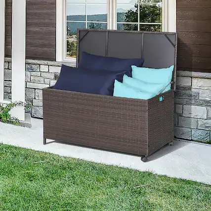 Front. Gymax - Gymax 50 Gallon Patio PE Wicker Storage Box Rattan Deck Bin w/ Waterproof Liner & Wheels - Mix Brown.