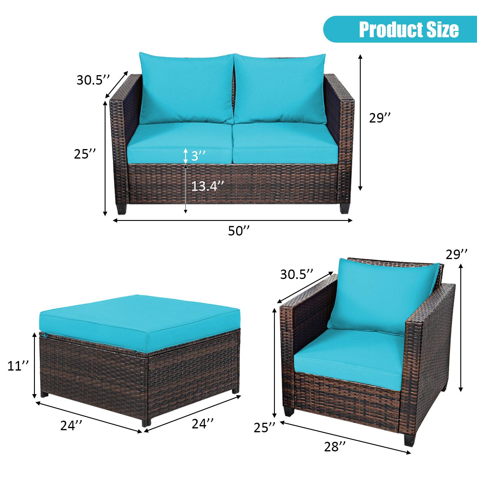 Product Size

- Sofa: 50" W x 29" D x 30.5" H
- Seat Depth: 13.4"
- Seat Height: 3"
- Arm Height: 25"
- Ottoman: 24" W x 24" D x 11" H
- Armchair: 28" W x 25" D x 30.5" H