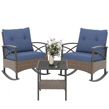 Front. Outsunny - 3 Piece Patio Rocking Chair Set, Outdoor Wicker Bistro Set with 2 Oversize Cushioned Porch Rockers and Coffee Table - Dark Blue.