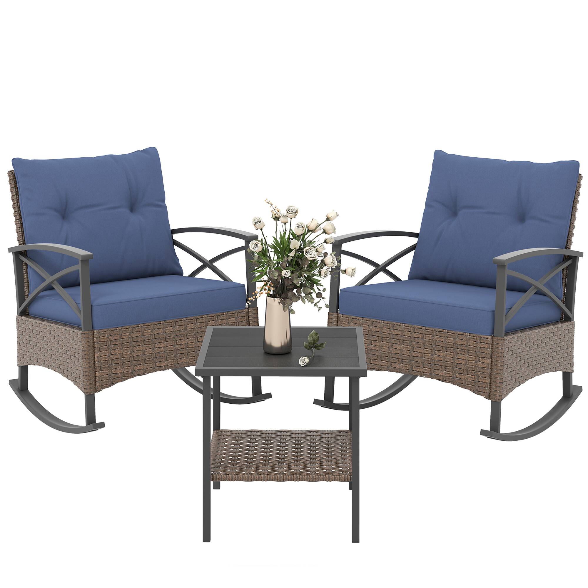 Outsunny - 3 Piece Patio Rocking Chair Set, Outdoor Wicker Bistro Set with 2 Oversize Cushioned Porch Rockers and Coffee Table - Dark Blue