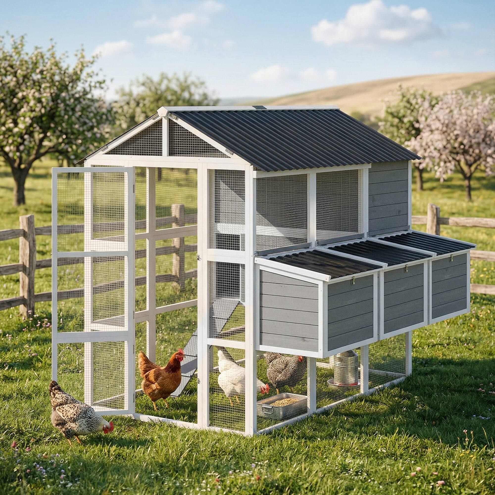 Alt View 1. Pawhut - Large Chicken Coop for 6-8 Chickens, Outdoor Wooden Hen House Poultry Cage with Run, Nesting Boxes - Gray.
