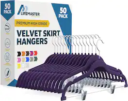Lifemaster - Velvet Skirt Hangers – Adjustable Clips, Swivel Hook, Non-Slip Notch, Holds 10 lbs, Pack of 50 - Purple