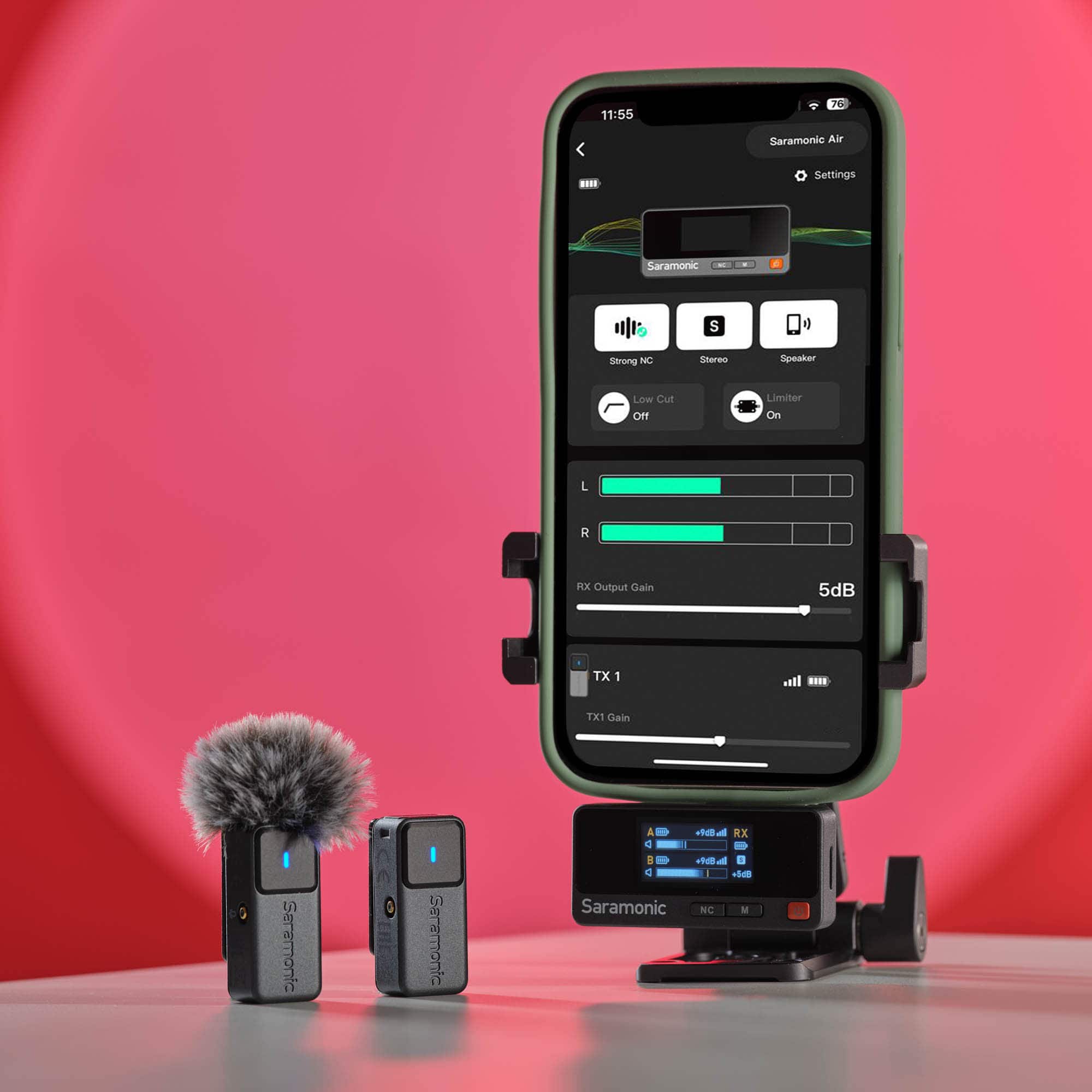 11:55 7O Saramonie Air . Settings Saramonic - - . S il Strong NC Stereo Speaker Low Cut Off Limiter On L R RX Output Gain 5dB TX 1 .. TX1 Gain Saramonic I Saramonic A d al RX 5 a . +5a Saramonic NIC .