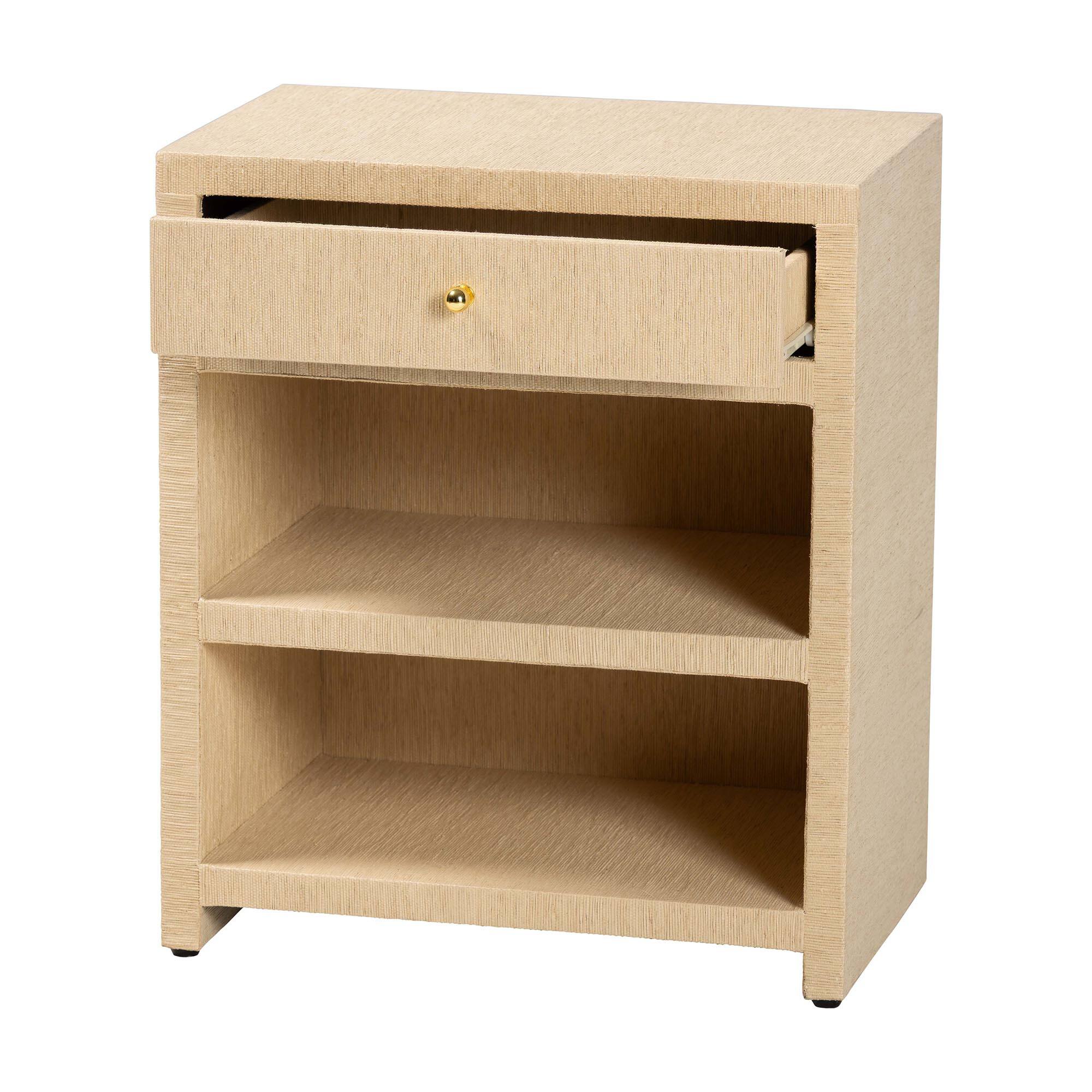 Angle. bali & pari - William Grasscloth 1-Drawer Nightstand with Open Shelves - Woven Texture Bedside Table with Gold Knob, Accent Table - Light Brown/Gold.