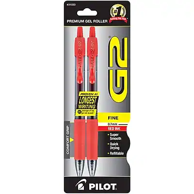 #31 1003 #1
PREMIUM GEL ROLLER
PILOT G2 07 07
PROVEN #1 LONGEST WRITING
FINE 0.7mm
RED INK
Super Smooth
Quick Drying
Refillable
PILOT