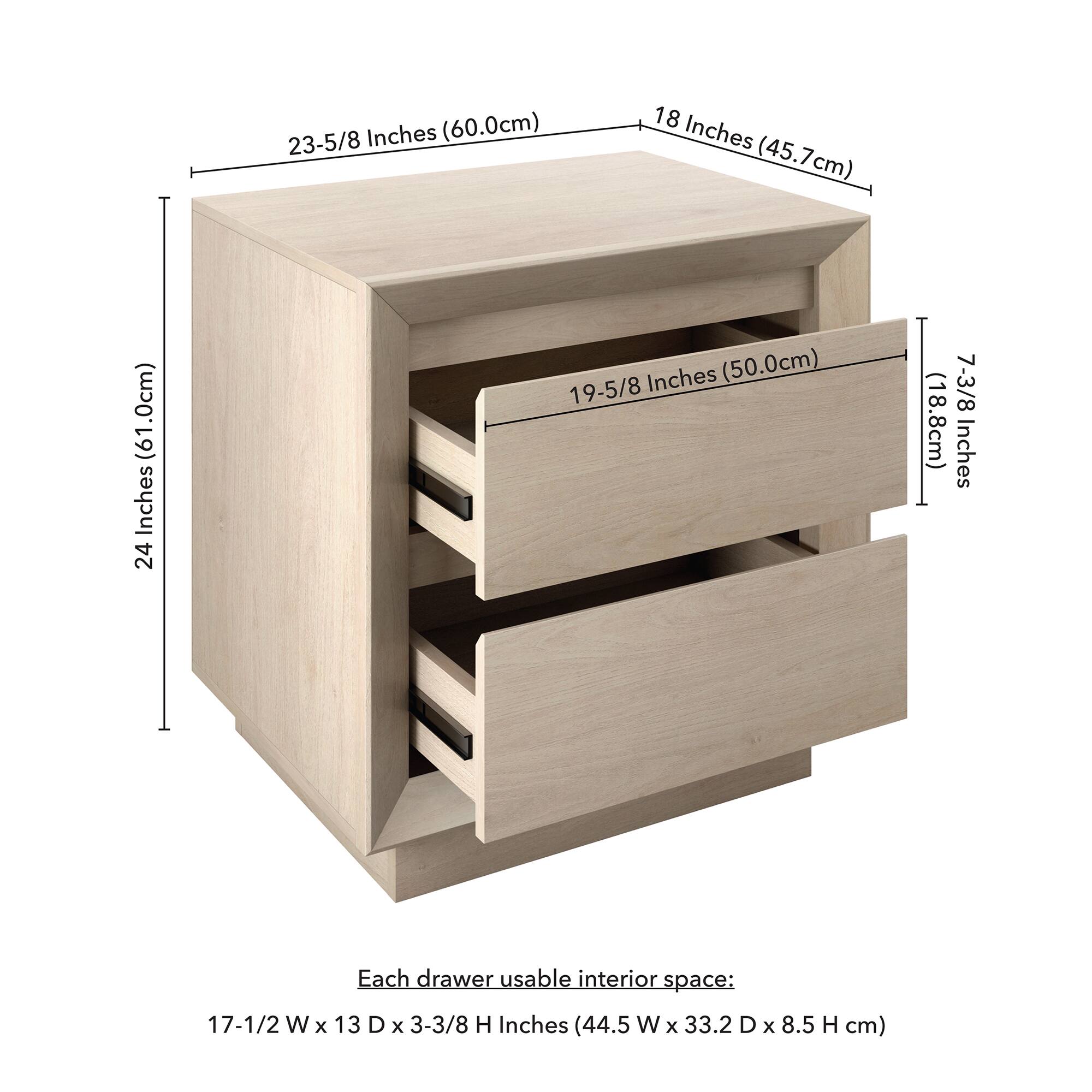 23-5/8 Inches (60.0cm)  
18 Inches (45.7cm)  
19-5/8 Inches (50.0cm)  
7-3/8 Inches (18.8cm)  
24 Inches (61.0cm)  

Each drawer usable interior space:  
17-1/2 W x 13 D x 3-3/8 H Inches (44.5 W x 33.2 D x 8.5 H cm)