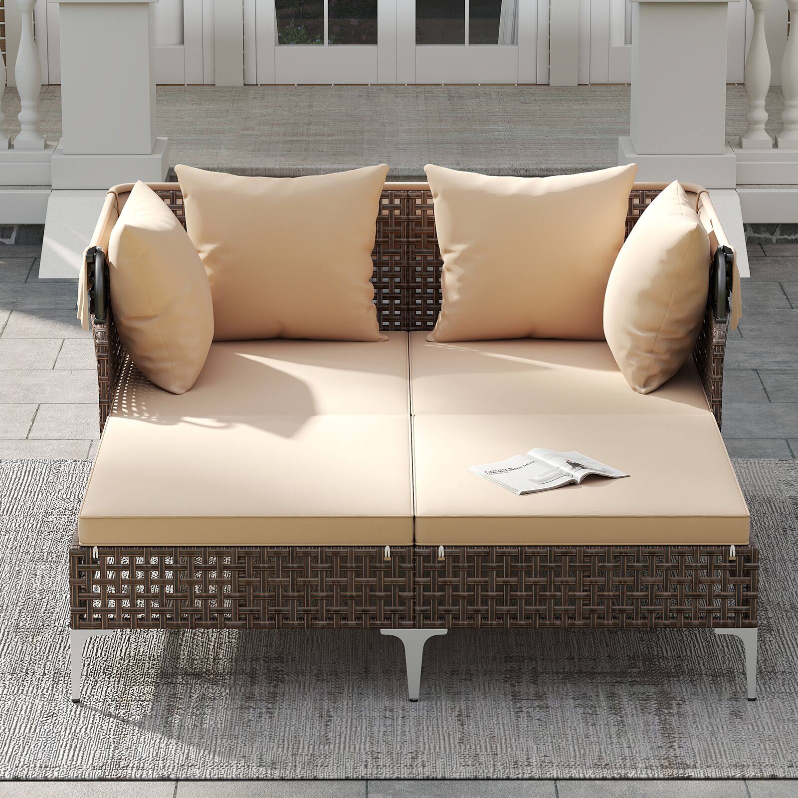 Alt View 4. Gymax - Gymax Outdoor Daybed w/ Retractable Canopy PE Wicker Rattan Patio Double Chaise Lounger Brown - Beige.