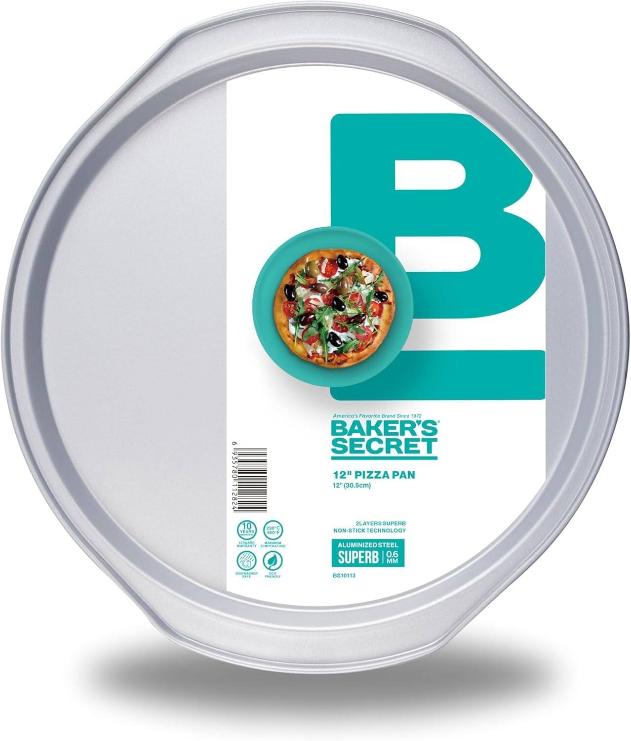 BAKER'S SECRET  
America's Favorite Brand Since 1922  

12" PIZZA PAN  
12" (30.5cm)  

PLAYER'S SUPER  
NON-STICK TECHNOLOGY  

ALUMINIZED STEEL  
SUPERB 0.6 MM  

B510113  

9 9357804 2824 10