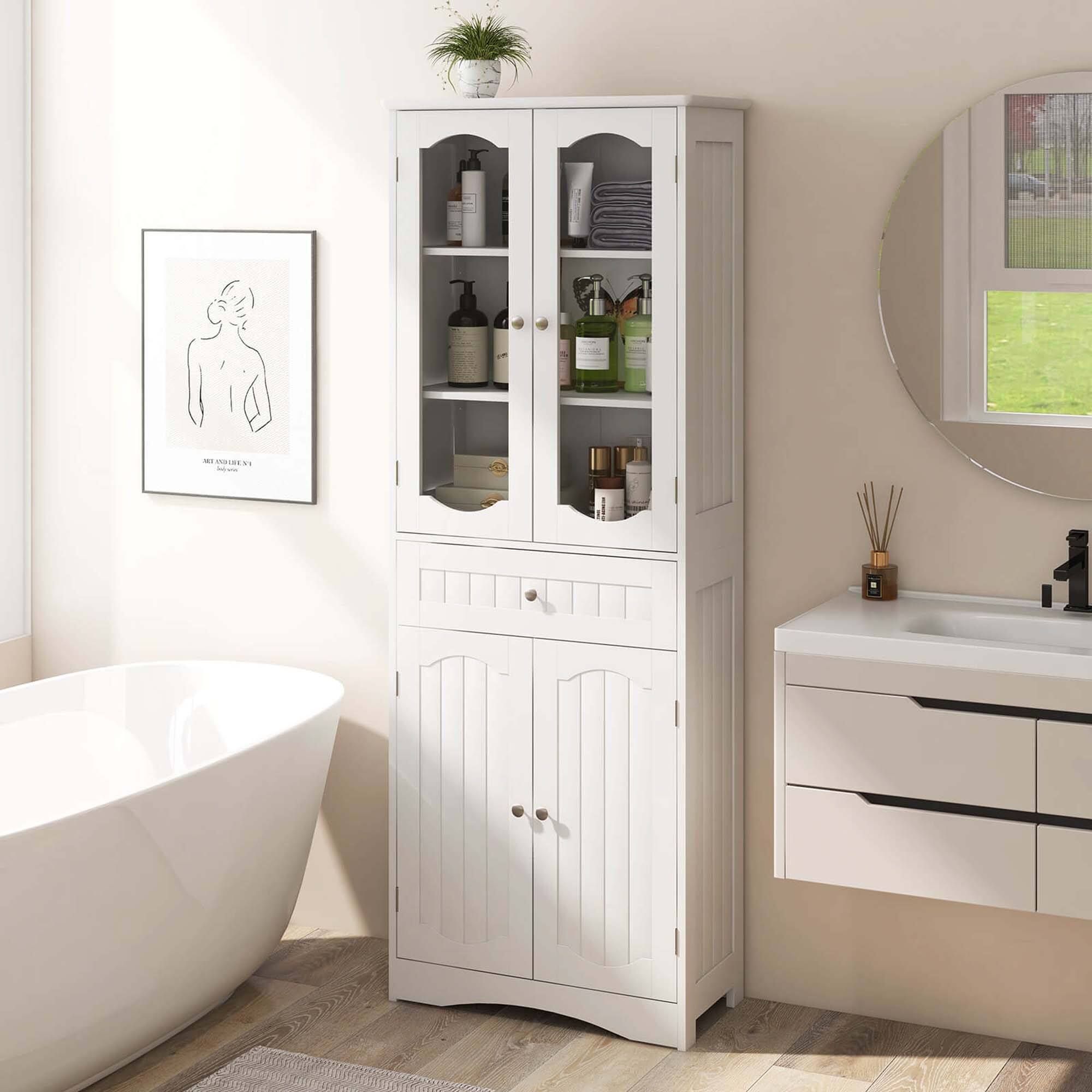Alt View 1. Costway - Costway 63" Tall Bathroom Cabinet with Tempered Glass Doors Adjustable Shelves Large Drawer White - White.