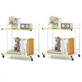 Gymax - 2PCS Mobile Side Table w/Open Shelves Golden Trimmed Edges Lockable Wheels - White, Gold