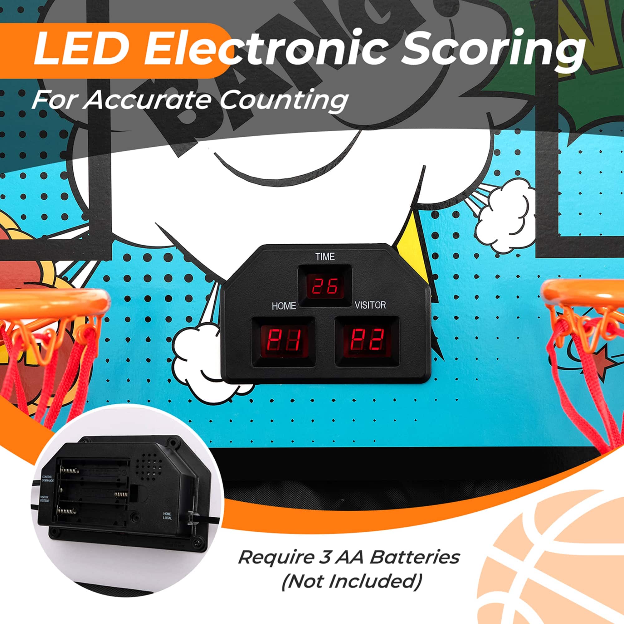 For LED Electronic Scoring, accurate counting is required. The time is displayed on the electronic scoreboard, which is designed for home and visitor teams. The scoreboard requires three AA batteries (not included).
