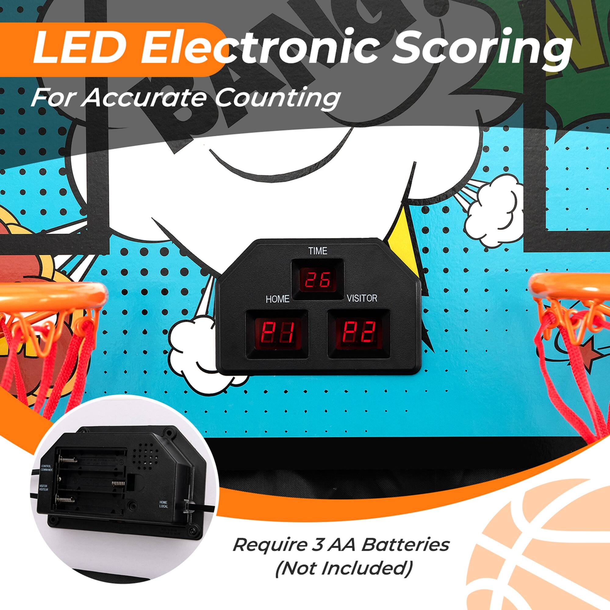 For LED Electronic Scoring, accurate counting is required. The time is displayed on the electronic scoreboard, which is designed for home and visitor teams. The scoreboard requires three AA batteries (not included).