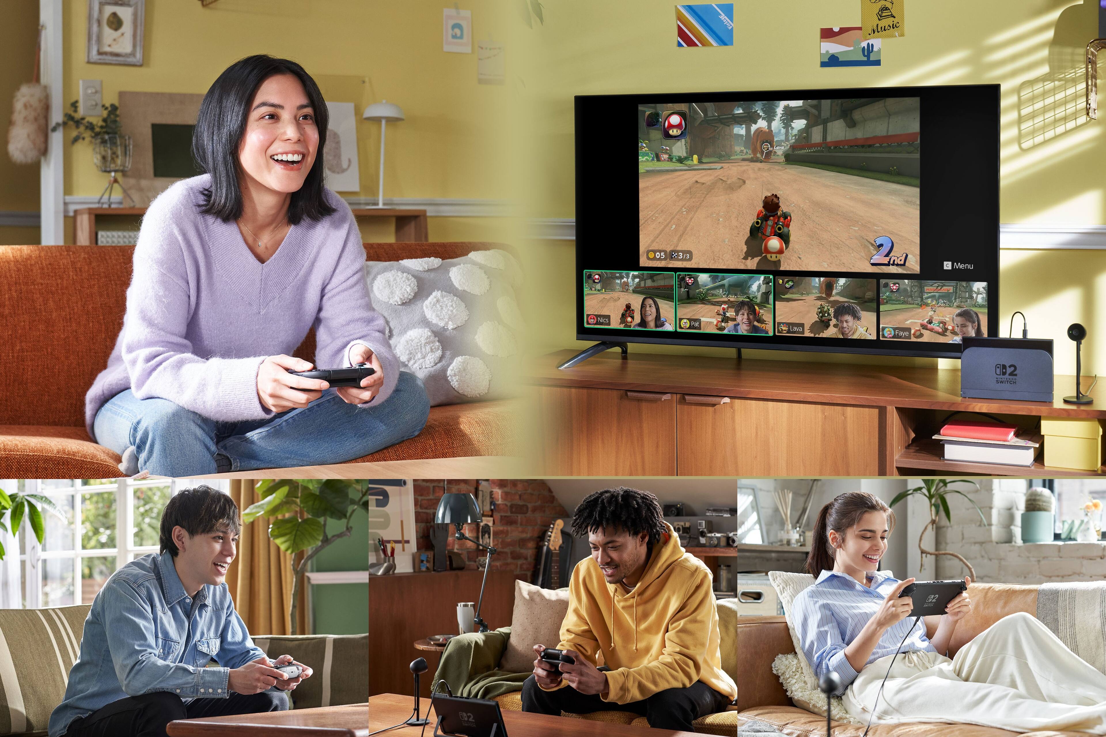 The image shows a group of people playing video games together in a living room. There are three people sitting on a couch, with one person on the left side, another in the middle, and the third person on the right side. They are all holding game controllers, with two remotes visible in the scene. 

In addition to the people, there are two potted plants in the room, one on the left side and the other on the right side. A TV is also present in the background, displaying the video game they are playing. The atmosphere appears to be fun and social, as the group enjoys their time together playing video games.