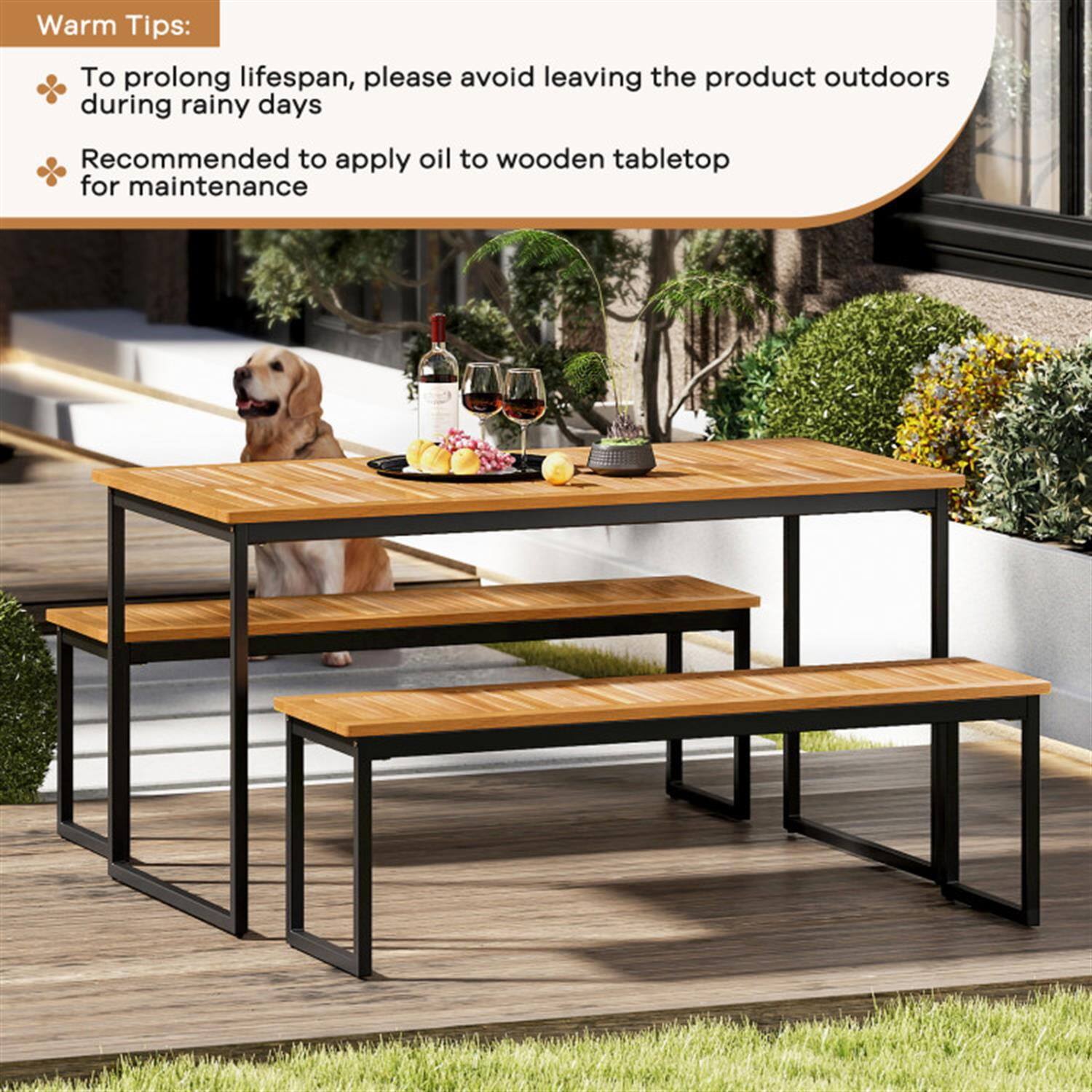 Warm Tips:
- To prolong lifespan, please avoid leaving the product outdoors during rainy days
- Recommended to apply oil to wooden tabletop for maintenance