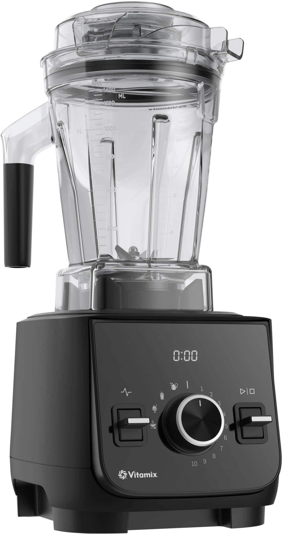 The image features a black Vitamix blender with a clear container. The blender has a black base and a black lid. The container is filled with a white substance, possibly a smoothie or a blended drink. The blender is set to 1, indicating that it is in operation or ready to blend. The blender is designed for various blending tasks, from making smoothies to preparing soups and sauces.
