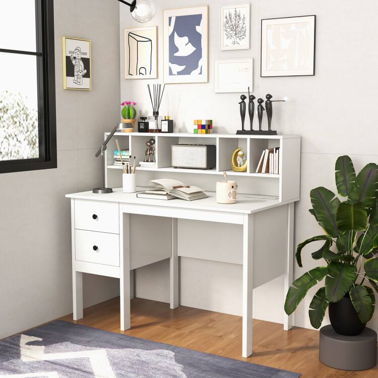 Left. SlickBlue - Computer Desk with Drawers, Power Outlets and 5-Cubby Hutch for Home Office - White.