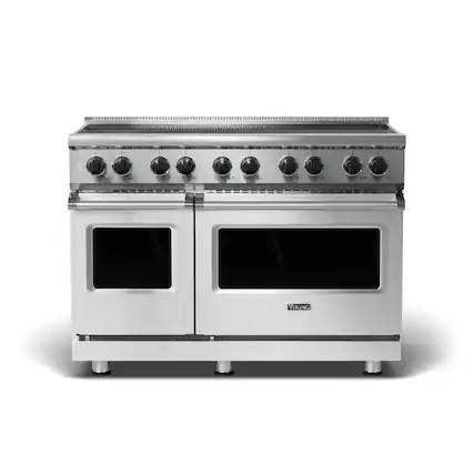 Front. Viking - 5 Series 48" Wide Freestanding Electric Induction Range - Stainless with Brushed Brass Accents.