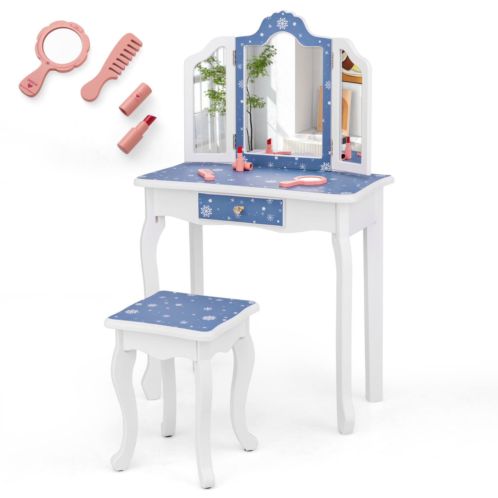 Front. SlickBlue - Princess Pretend Play Makeup Table and Stool Set with Tri-Fold Mirror - Blue.