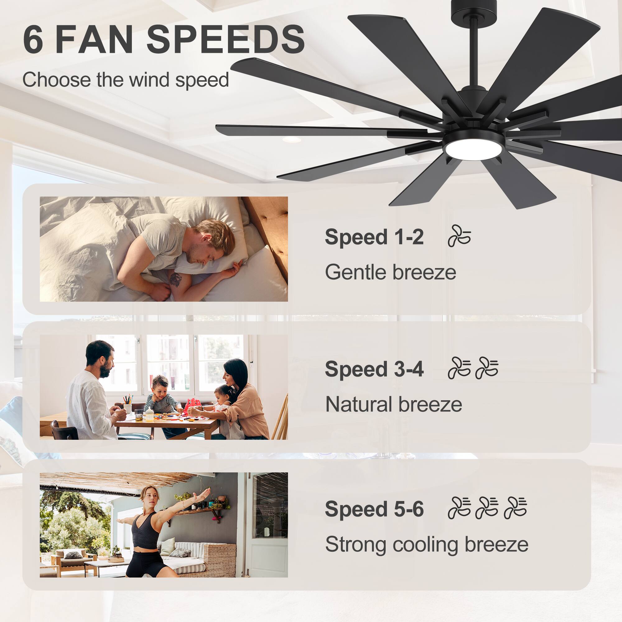 6 FAN SPEEDS  
Choose the wind speed

Speed 1-2  
Gentle breeze

Speed 3-4  
Natural breeze

Speed 5-6  
Strong cooling breeze