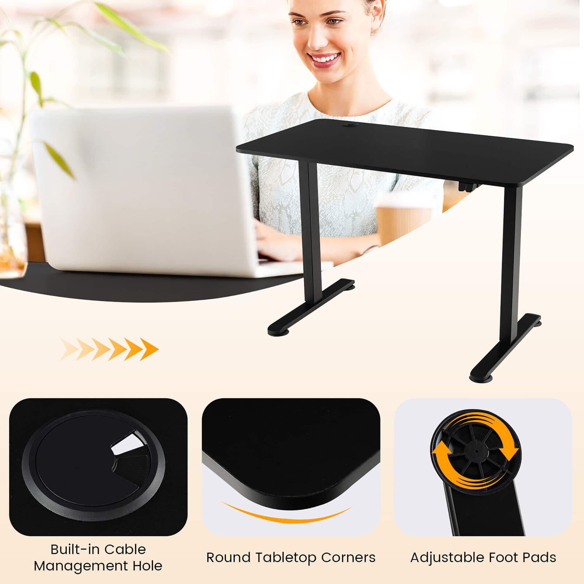 Built-in Cable Management Hole, Round Tabletop Corners, Adjustable Foot Pads