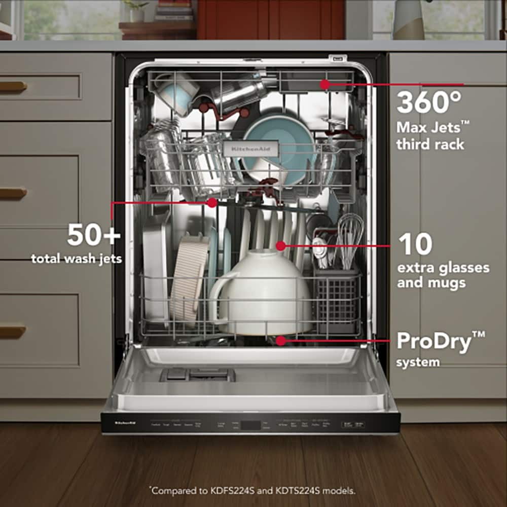 KitchenAid 360 Max Jets third rack
50+ total wash jets
10 extra glasses and mugs
ProDry™ system
Compared to KDFS224S and KDT224S models.