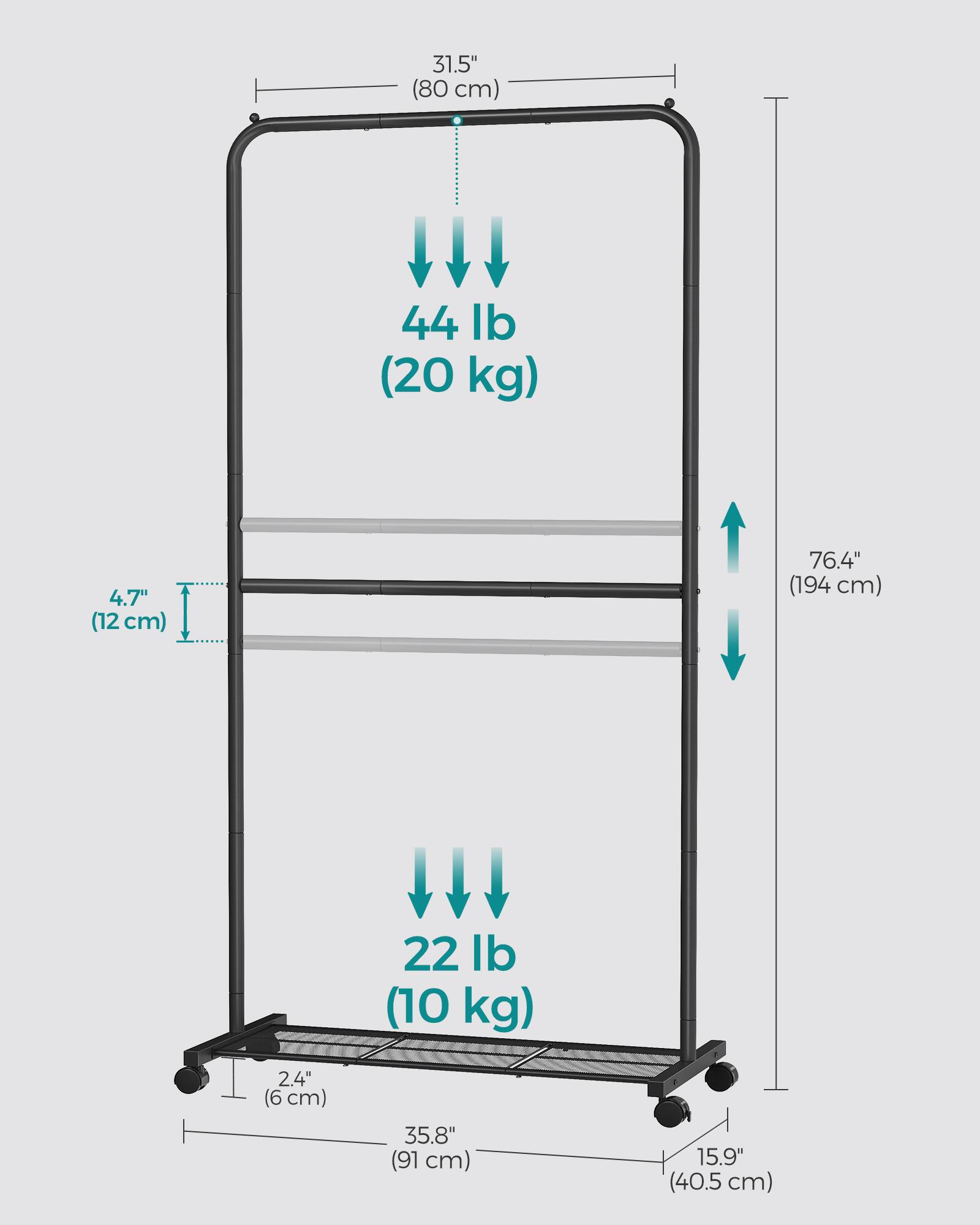 31.5" (80 cm)  
44 lb (20 kg)  
4.7" (12 cm)  
76.4" (194 cm)  
22 lb (10 kg)  
2.4" (6 cm)  
35.8" (91 cm)  
15.9" (40.5 cm)
