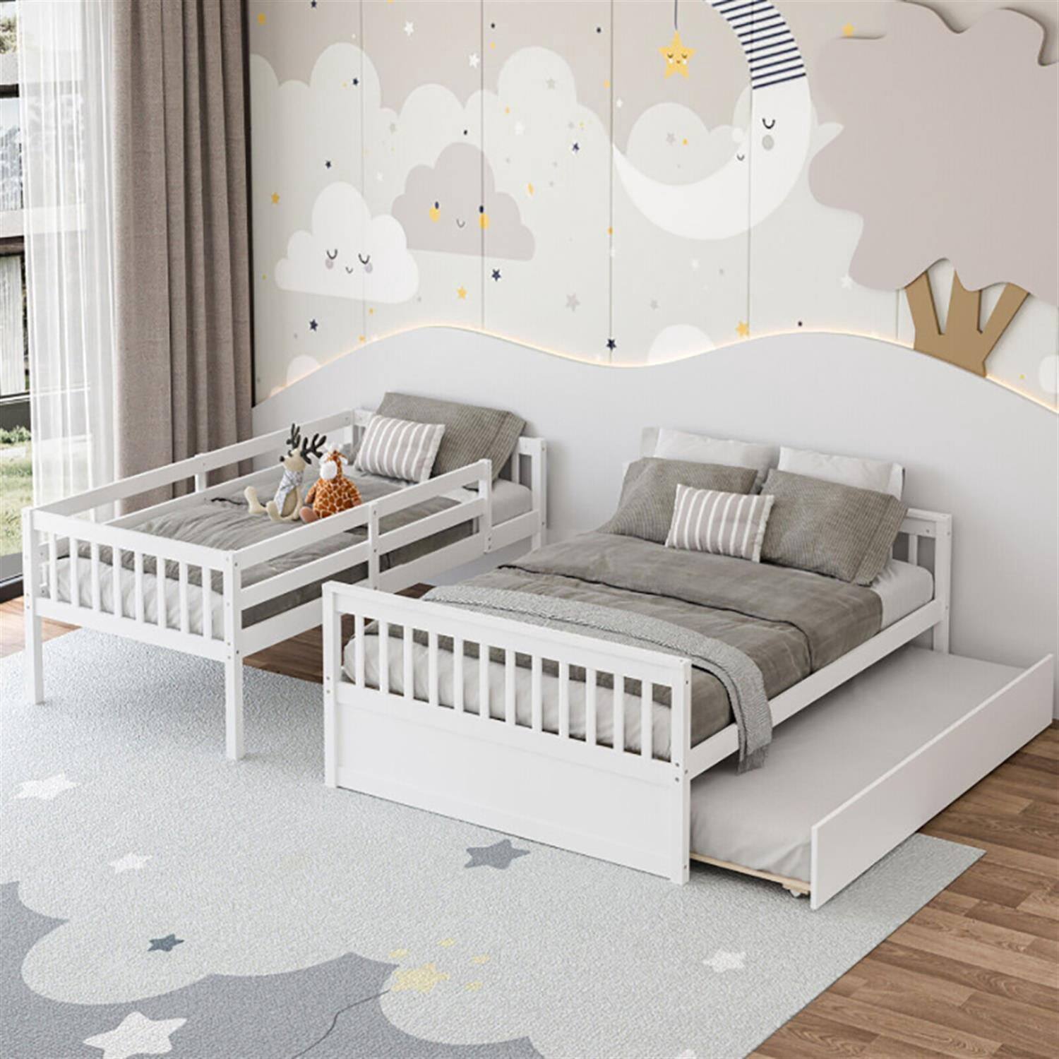 Alt View 1. Pefilos - Twin Pull-Out Bunk Beds with Ladder in the Steps and a Trundle, Full Convertible Bunk Bed Platform - White.