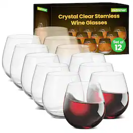 NutriChef - 15-Ounce Stemless Wine Glasses (Set of 12), Ultra-Thin, Lead-Free, Hand Blown, Dishwasher Safe - NGLWINE99 - Clear