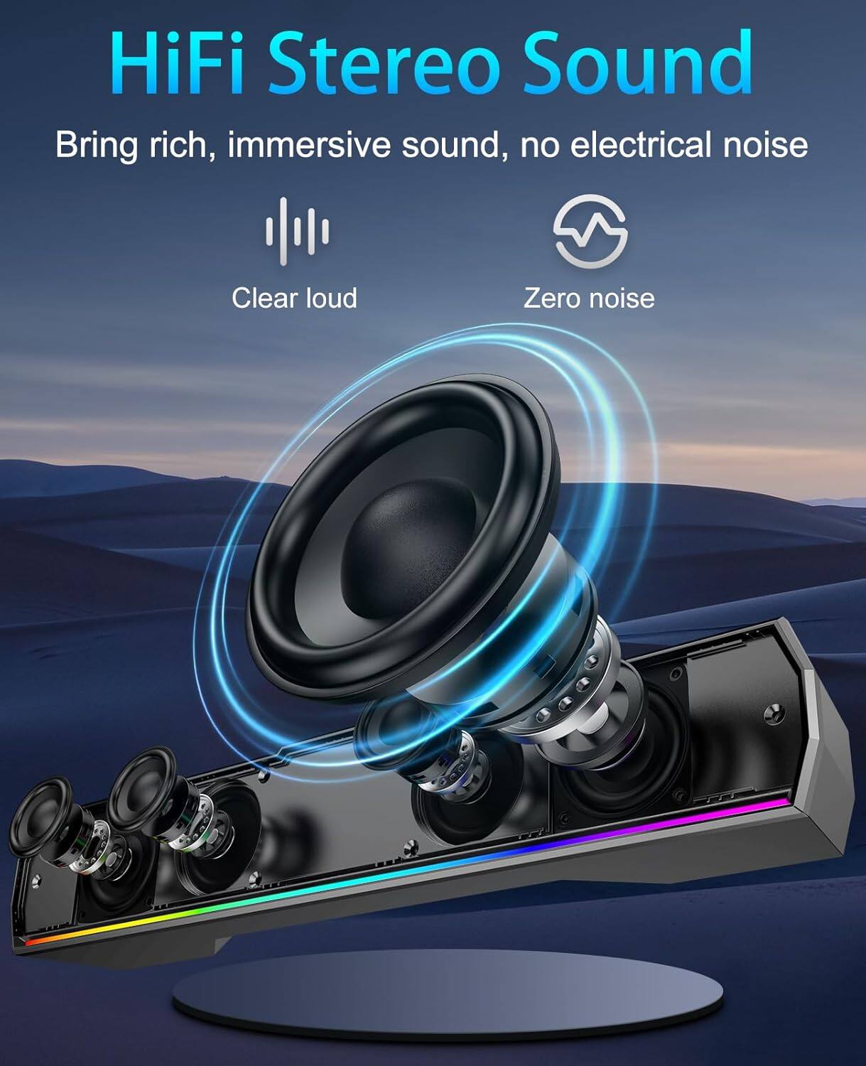 HiFi Stereo Sound  
Bring rich, immersive sound, no electrical noise  

Clear loud  
Zero noise