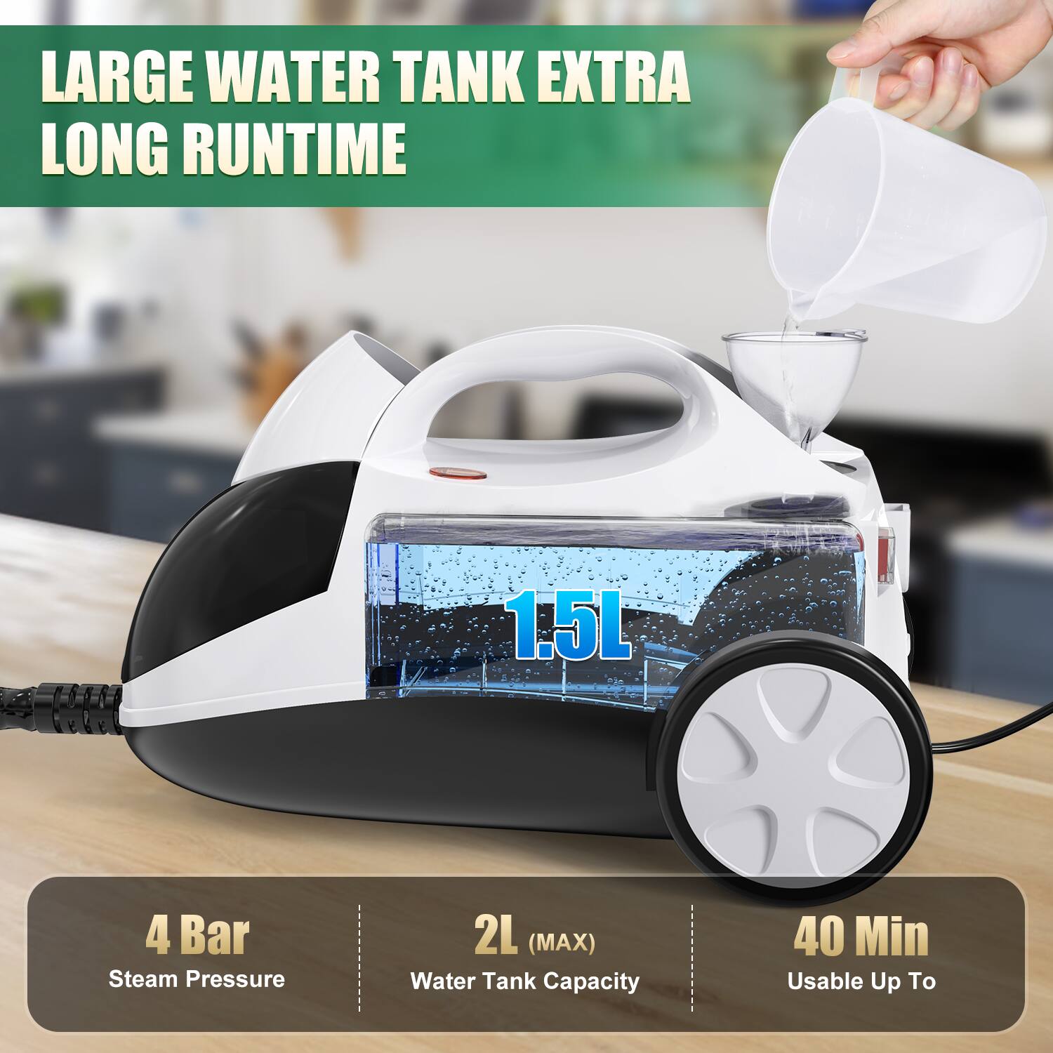LARGE WATER TANK EXTRA LONG RUNTIME

1.5L

4 Bar Steam Pressure

2L (MAX) Water Tank Capacity

40 Min Usable Up To