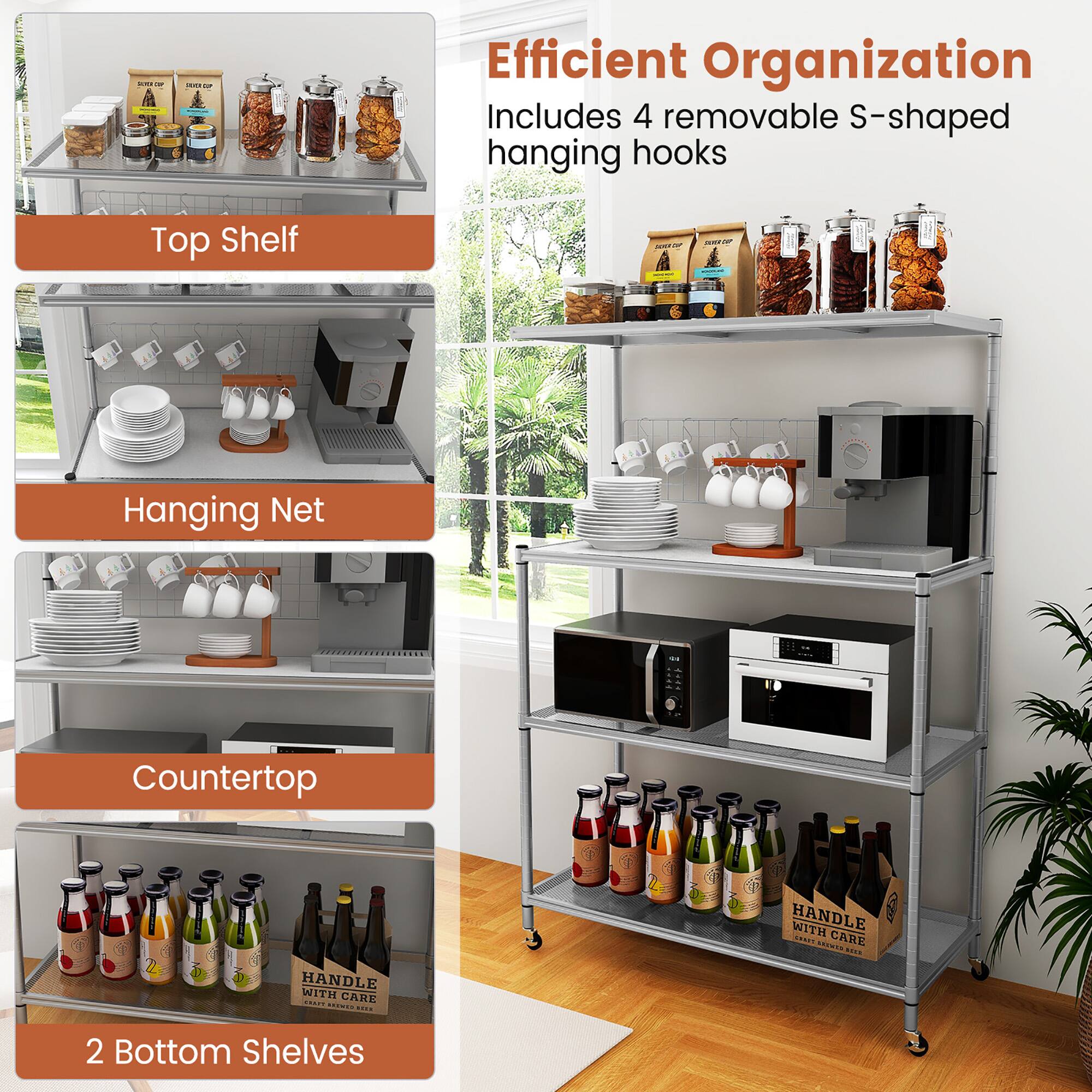 Alt View 5. Gymax - Gymax 4-Tier Coffee Bar Table w/Adjustable Shelves S Hooks Hanging Net & Shelf Liner - Silver.