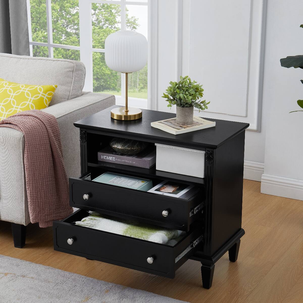 Angle. Loheer - Loheer Black Nightstand With Charging Station, Two Drawers and Open Shelf - Black.