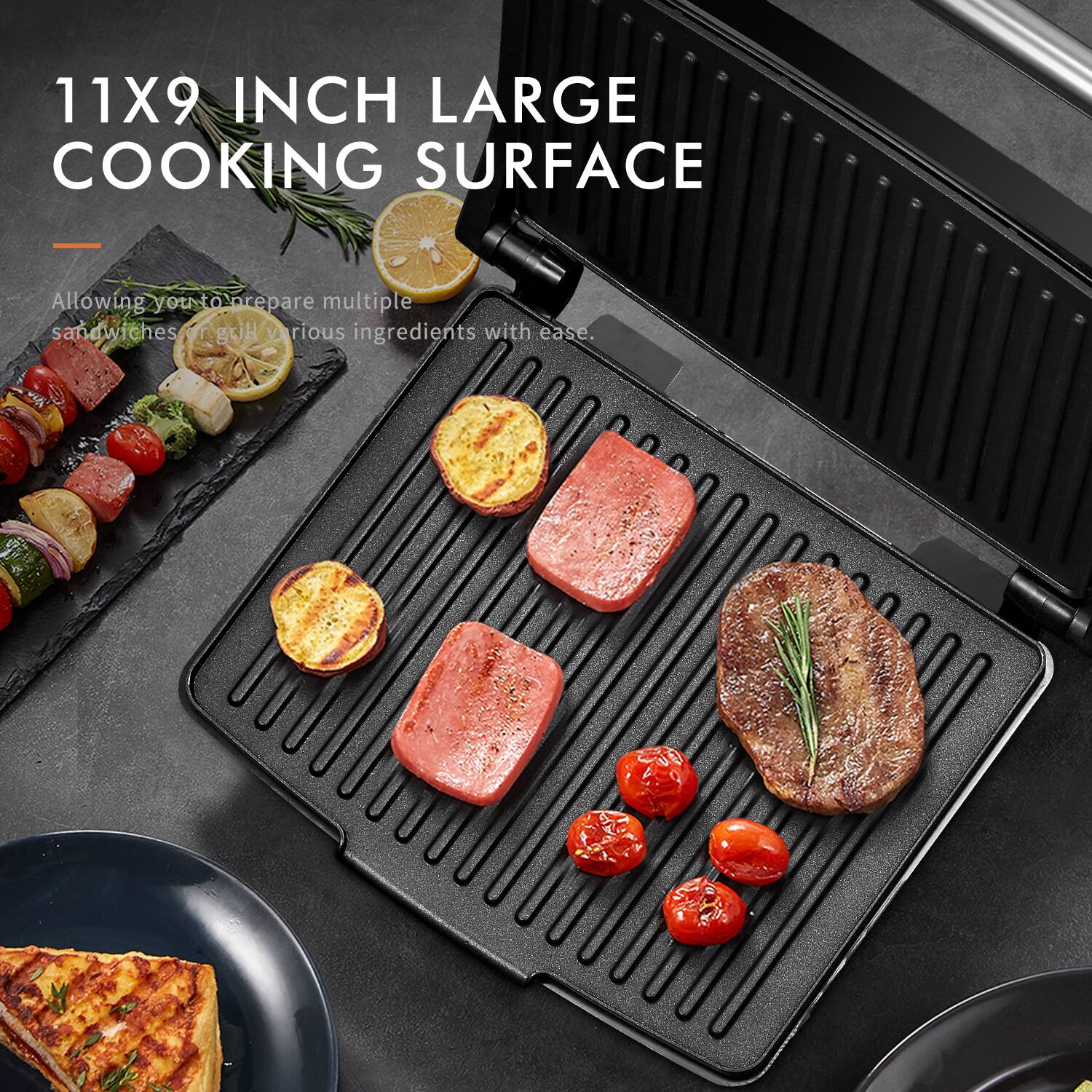 11X9 INCH LARGE COOKING SURFACE - Allowing you to prepare multiple sandwiches or grill various ingredients with ease.