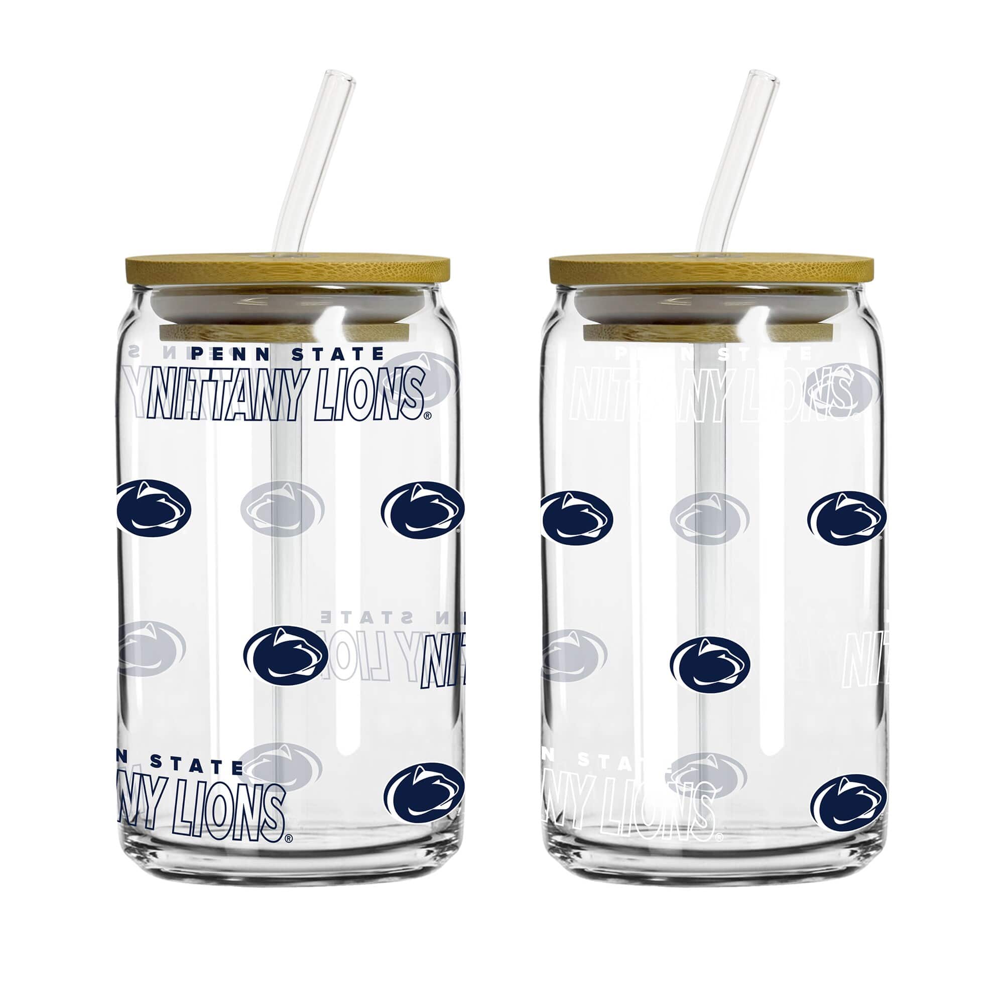 Logo Brands - Penn State Nittany Lions 16oz. Step And Repeat Glass Can with Lid & Straw 2-Pack - Multicolor