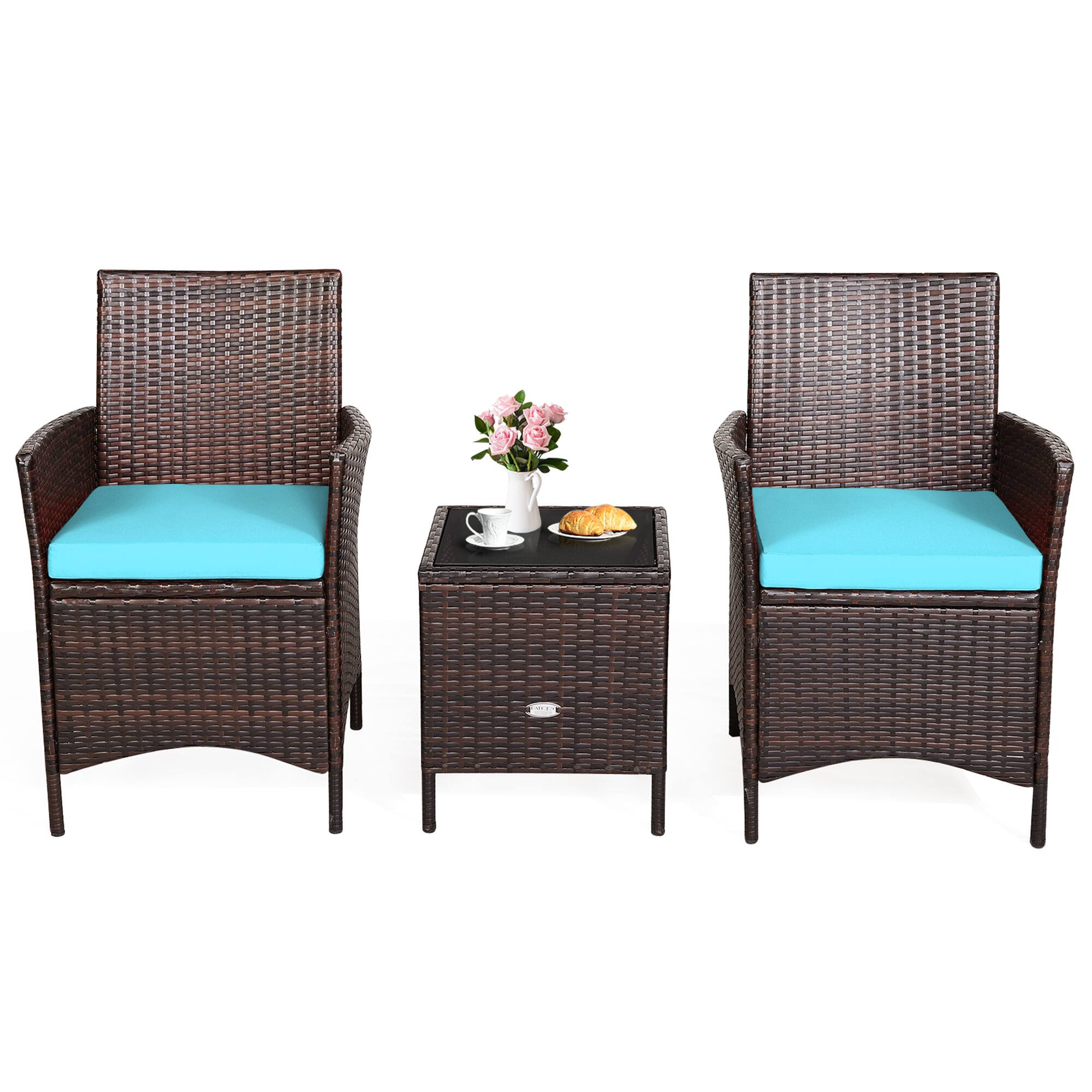 Alt View 9. Gymax - Gymax 3PCS Outdoor Rattan Conversation Set Patio Furniture Set w/ Blue Cushions - Brown.