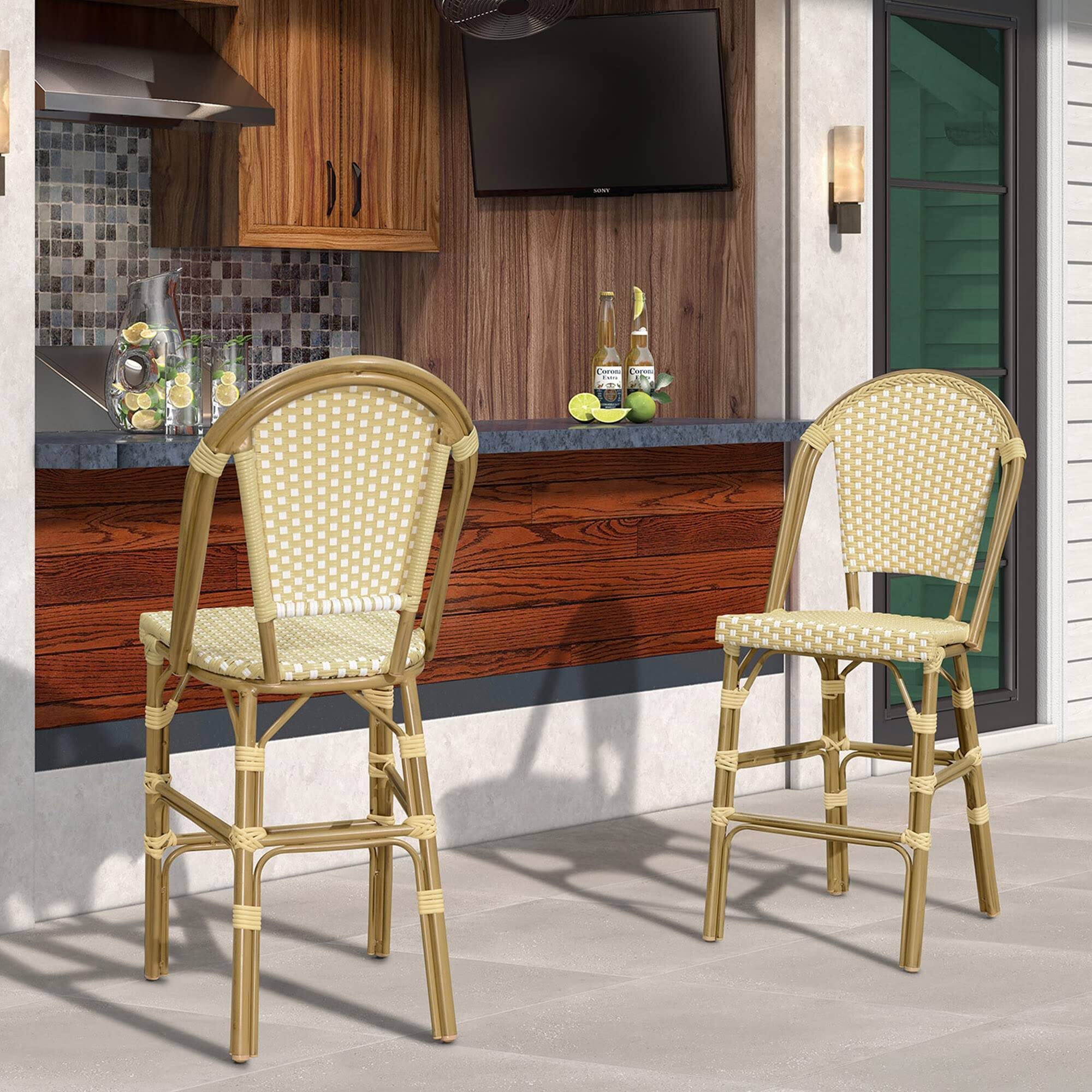 Alt View 1. PURPLE LEAF - French Counter Height Bar Stool Set of 2 Patio Bar Chairs with Back Rattan Bar Chairs French Bistro Set - Bamboo Pattern/Cream Yellow-Counter Stool.