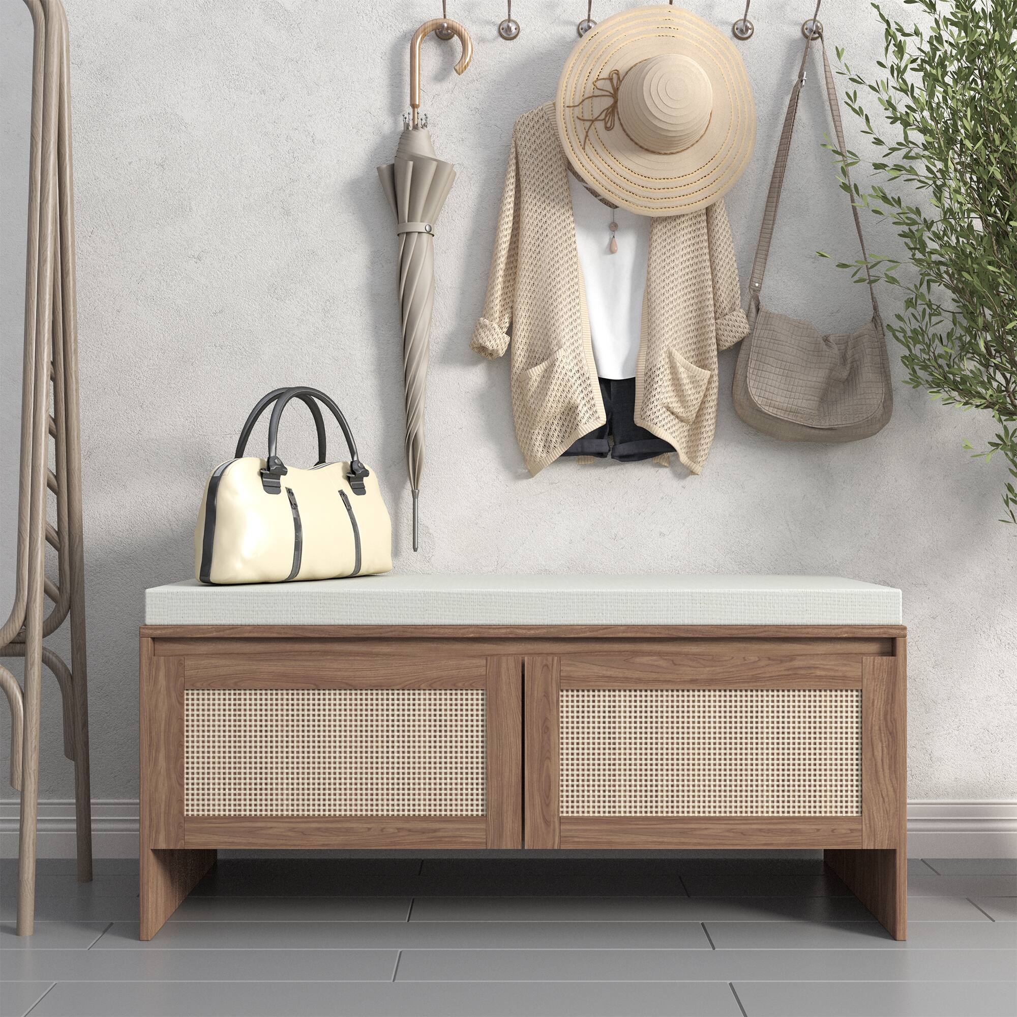Left. Whisen - Entryway Shoe Storage Bench with Faux Rattan Doors, Cushioned Seat Cabinet Organizer - Natural.