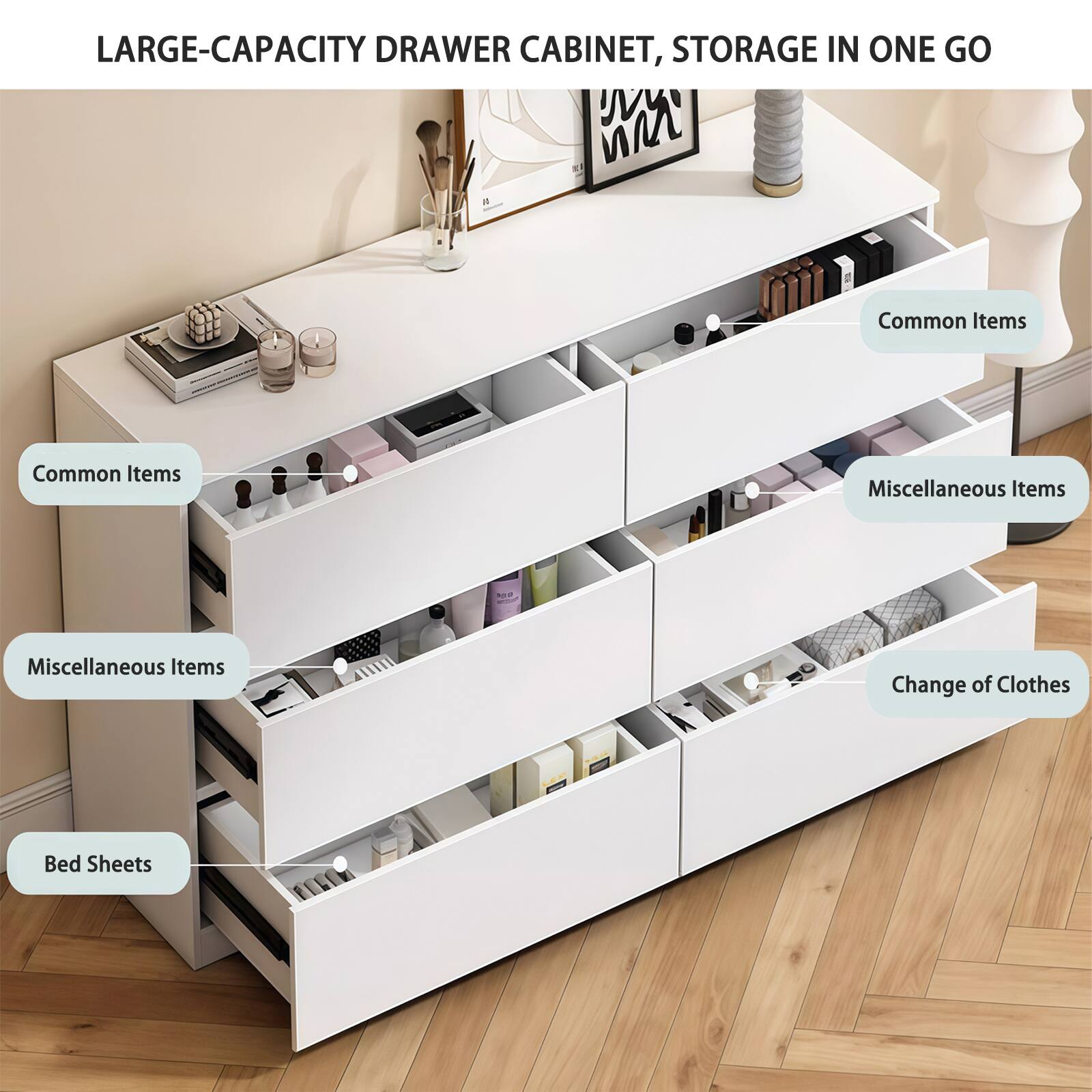 LARGE-CAPACITY DRAWER CABINET, STORAGE IN ONE GO

- Common Items
- Miscellaneous Items
- Change of Clothes
- Bed Sheets