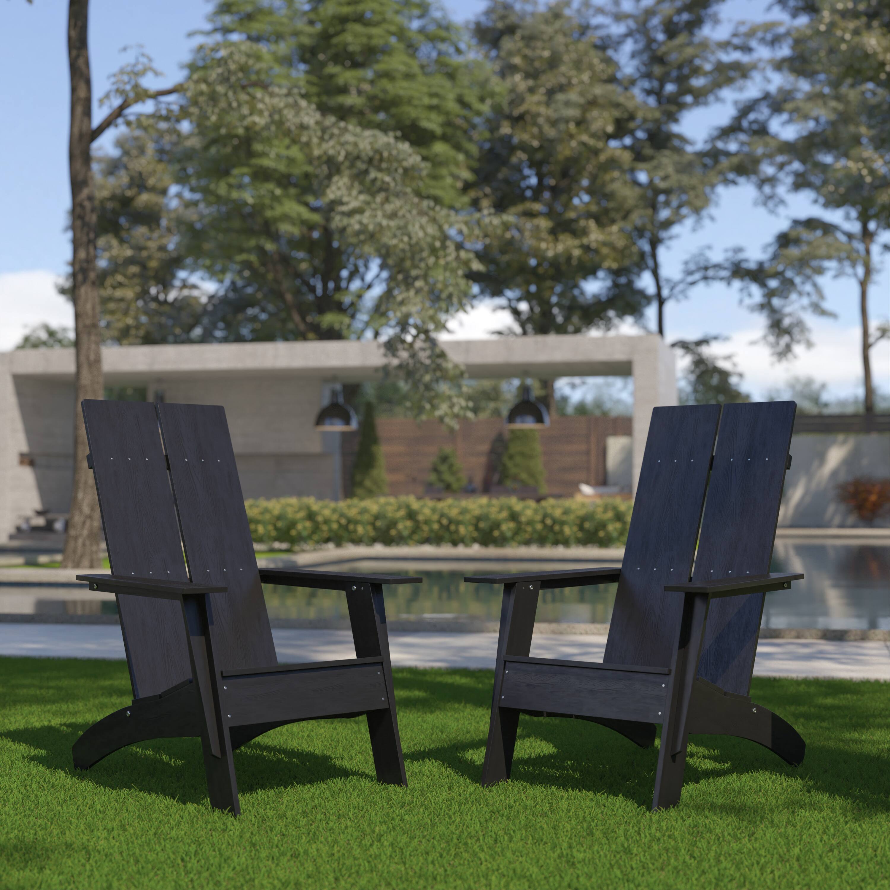 Alt View 2. Emma + Oliver - Set of 2 Modern Dual Slat Back Indoor/Outdoor Adirondack Style Chairs - Black.