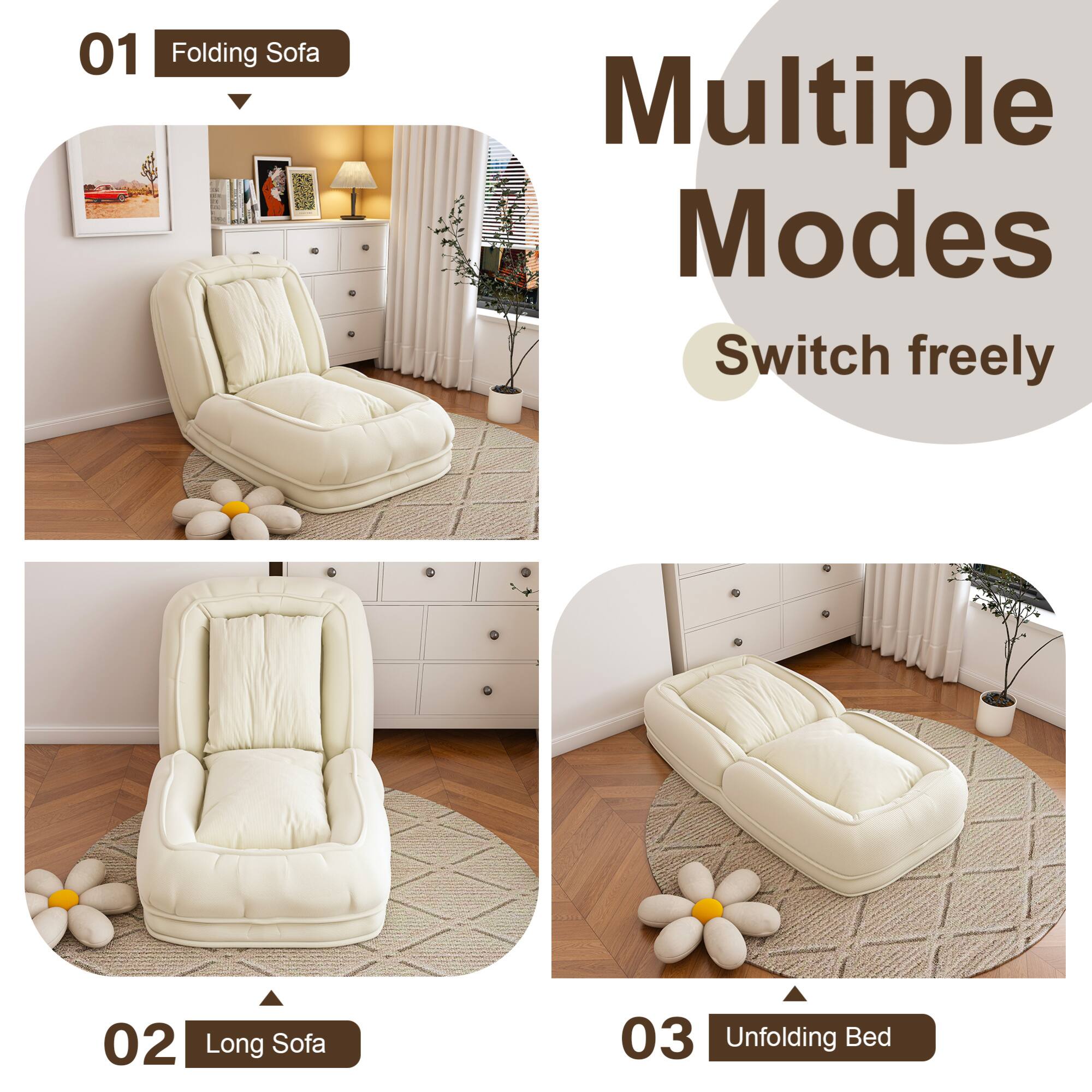 01 Folding Sofa  
Multiple Modes  
Switch freely  

02 Long Sofa  

03 Unfolding Bed