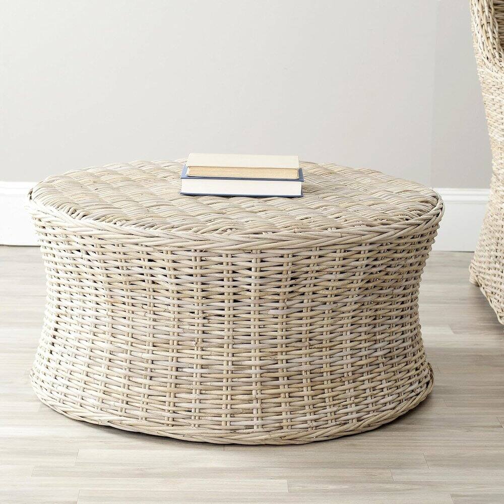 Angle. Safavieh - Home Collection Ruxton Natural Rattan Round Coffee Table Ottoman - Brown.