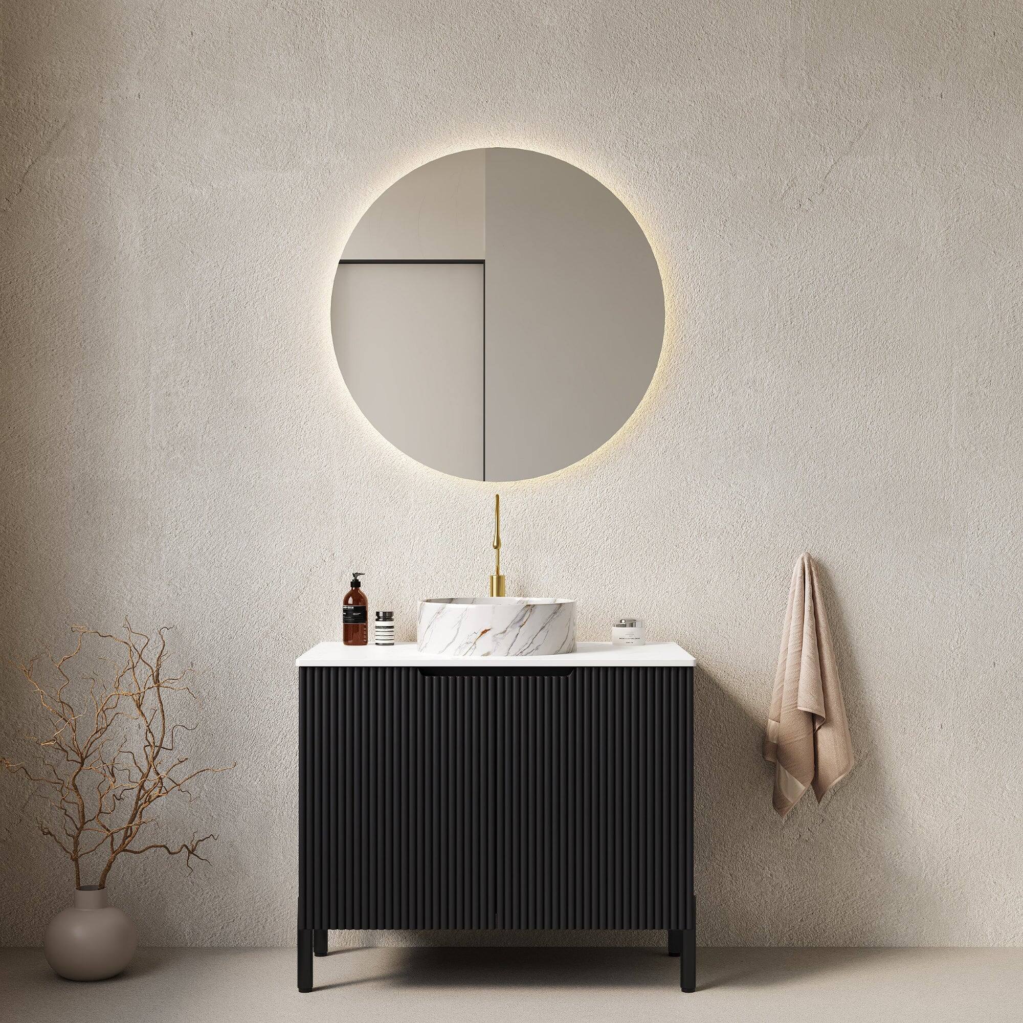 Front. Boyel Living - 30 Bathroom Vanity Cabinet with 2 Doors White Round Ceramic Basin Stone Pattern Carrara White Top Black - Black White.