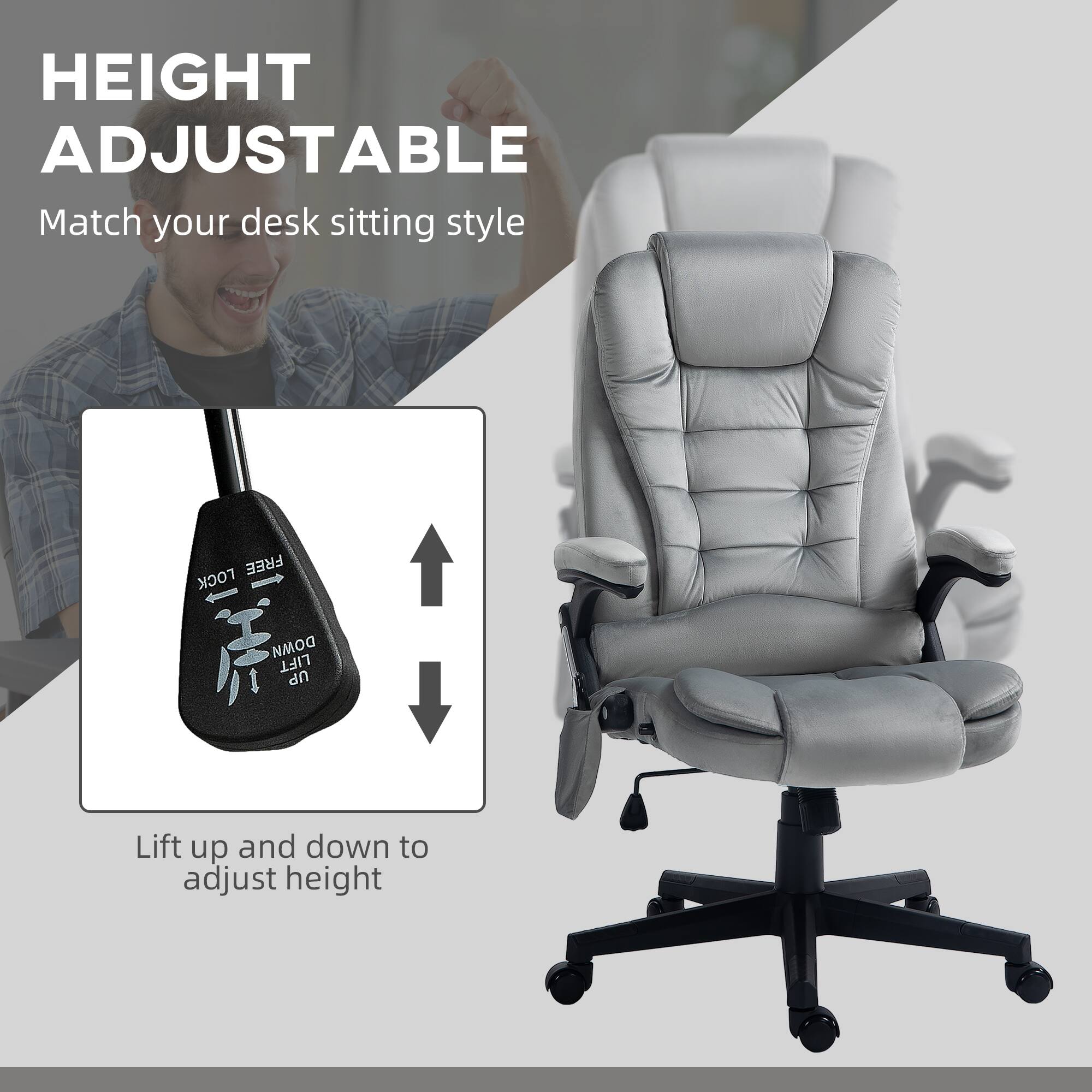 HEIGHT ADJUSTABLE
Match your desk sitting style
Lift up and down to adjust height
FREE LOCK DOWN