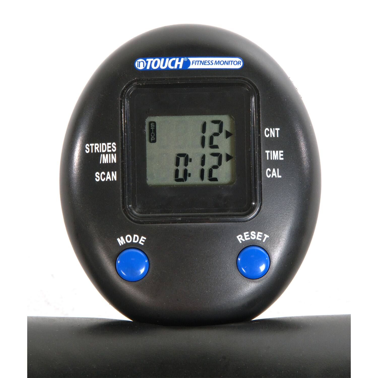 in TOUCH FITNESS MONITOR STRIDES /MIN SCAN S STOP 12 B12 CNT TIME CAL MODE RESET